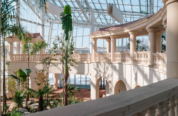 Interior view of the greenhouse, where tropical plants and classical architectural corridors meet under a glass ceiling